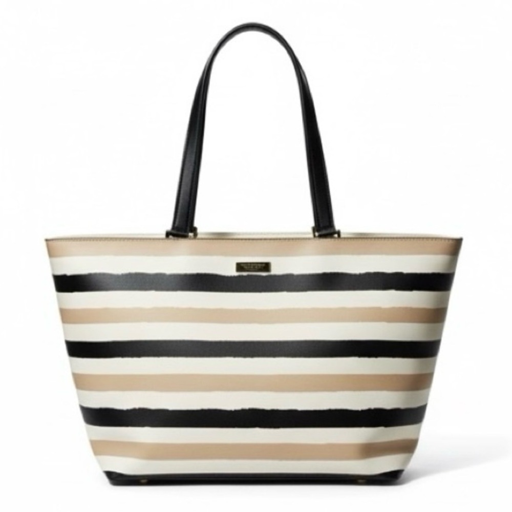 Kate Spade Black and Beige Large Striped Tote
